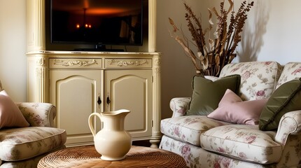 A flat-screen television, LCD, television mockup. Interior mockup with house background. Modern interior design. Best room decorating ideas	
