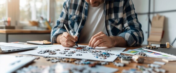 Man meticulously assembles a complex jigsaw puzzle, using tweezers for precision.