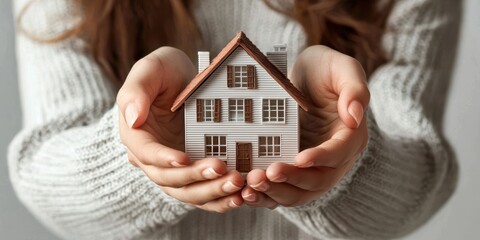Empowering homeownership miniature house in woman's hands grey background inspirational lifestyle concept