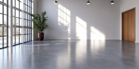 Obraz premium Modern loft interior with empty white wall and concrete flooring bright natural light minimalist design