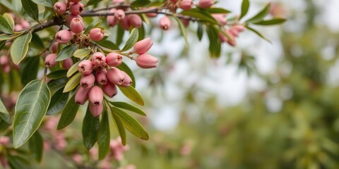 Branch of pistachio tree with pink berries against a natural background, greenery, botanicals