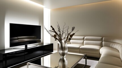 A flat-screen television, LCD, television mockup. Interior mockup with house background. Modern interior design. Best room decorating ideas	
