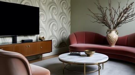 A flat-screen television, LCD, television mockup. Interior mockup with house background. Modern interior design. Best room decorating ideas	
