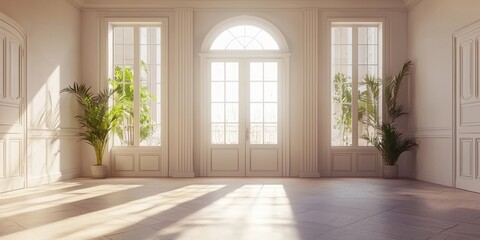 Fototapeta premium Open door leading to a bright luxury room with natural light and elegant design modern interior inspiration