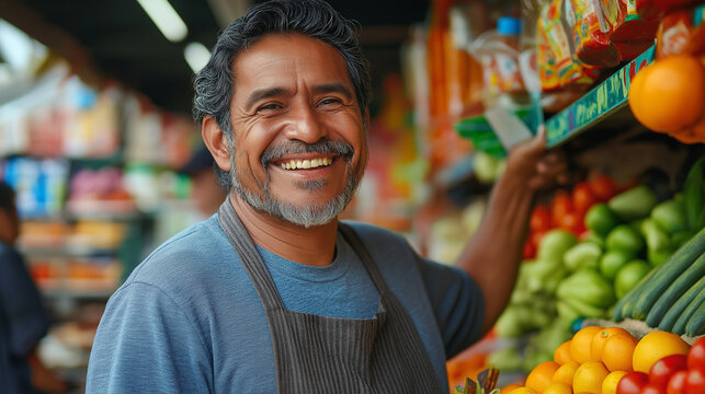 Cheerful male grocer smiling in a colorful market, surrounded by fresh produce and vibrant groceries, embodying the spirit of small business and community engagement.