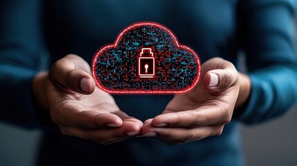 Concept of building cyber resilience for IT infrastructure. Hands holding a digital cloud symbol with a battery icon, representing cloud storage and energy.