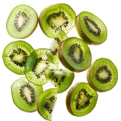 Fototapeta premium Kiwi fruit slices flying in the air isolated on white background.