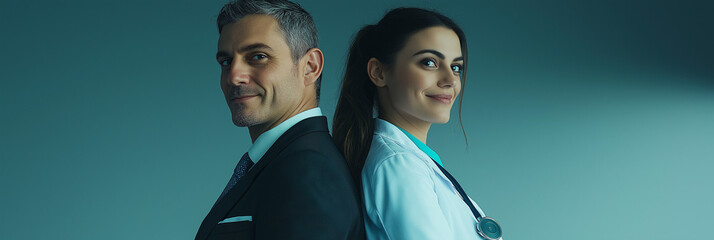 A confident businessman and a female doctor stand back to back, exuding professionalism and teamwork. Their expressions reflect trust and collaboration in their respective fields.