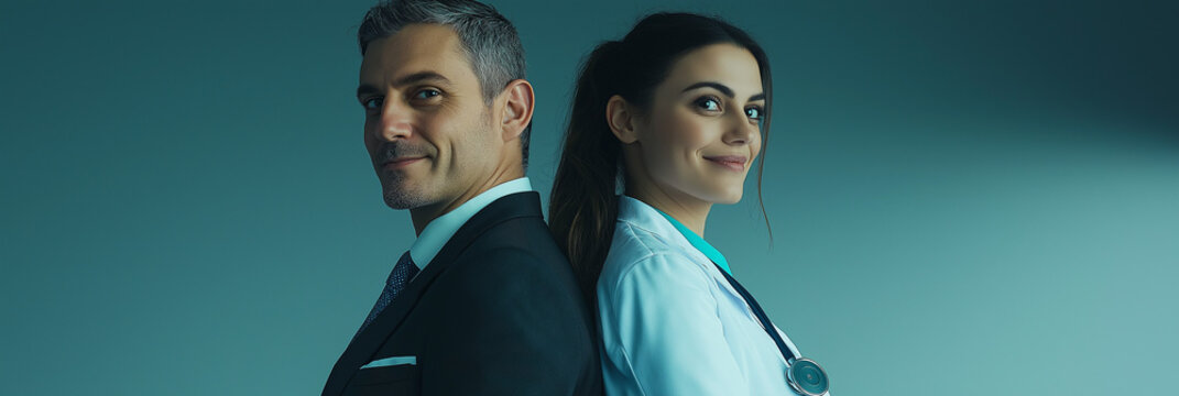 A confident businessman and a female doctor stand back to back, exuding professionalism and teamwork. Their expressions reflect trust and collaboration in their respective fields.