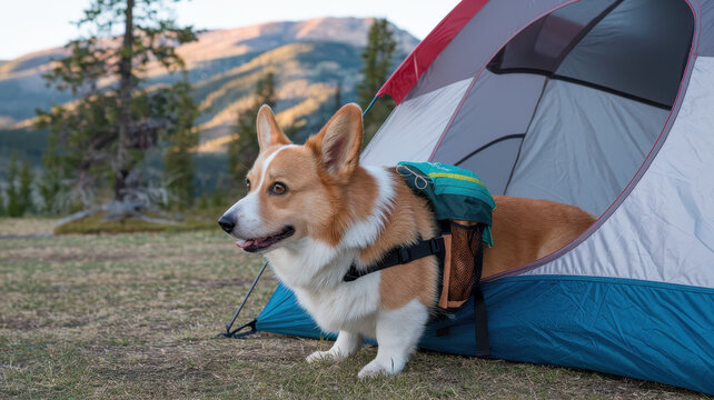 A happy Corgi with a backpack peeks out from a colorful tent in the mountains, embodying the spirit of adventure in nature.
