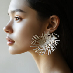 An elegant woman models intricate earrings inspired by summer themes. The close-up captures the stylish design and highlights the woman's beauty, exuding grace and modern fashion aesthetics.