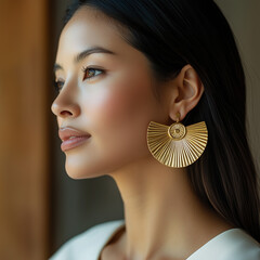 A close-up profile of a woman wearing elegant, golden earrings inspired by summer. Her serene expression and smooth complexion highlight the sophistication of the jewelry design.