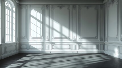 Fototapeta premium white empty room with shadow window and green plant on white wall luxury background and wooden floor 