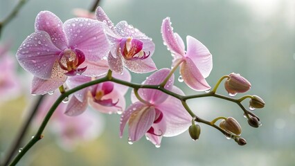 Obraz premium Delicate pink orchids with dew drops glisten softly in the morning light as if kissed by the sun's gentle rays, nature's serenity, botanical elegance, pink orchids, floral beauty, morning glow