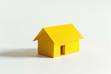 Bright yellow miniature house model standing on a white background, symbolizing home ownership and the concept of shelter.