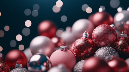 Fototapeta premium A pile of metallic glass ornaments, with glitter on them in large and small sizes, Christmas tree toys arranged to create a festive atmosphere for Christmas