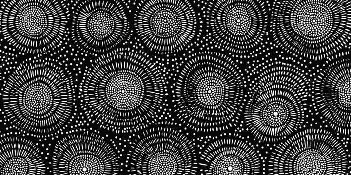 Abstract Black and White Geometric Circle Pattern with Sunburst Effect and Organic Lines