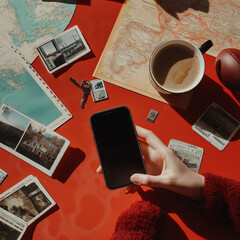 A hand holds an iPhone on a red table, surrounded by travel maps, coffee, keys, and postcards, creating a sense of exploration and adventure.