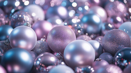 A pile of metallic glass ornaments, with glitter on them in large and small sizes, Christmas tree toys arranged to create a festive atmosphere for Christmas