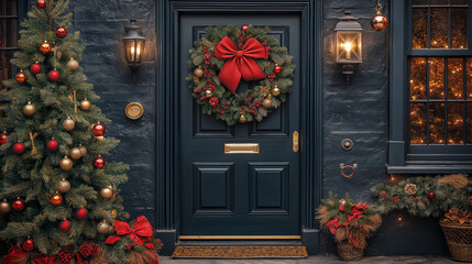 A beautiful Christmas scene featuring a decorated front door with a wreath, festive lights, and two Christmas trees adorned with ornaments. The warm ambiance captures the holiday spirit perfectly.