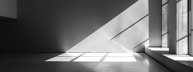 A serene monochrome interior featuring sharp light and shadows, emphasizing the minimalist design of the space.