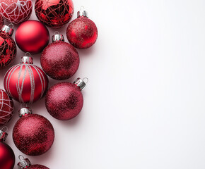 A pile of metallic glass ornaments, with glitter on them in large and small sizes, Christmas tree toys arranged to create a festive atmosphere for Christmas