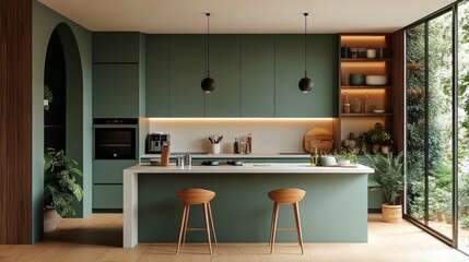 Modern Kitchen with Green Cabinets and White Countertops Featuring Minimalist Design and Natural Light