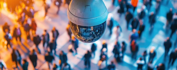 Surveillance camera monitoring crowded urban space public safety technology aerial perspective security awareness