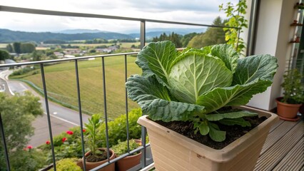 Green cabbage growing in a container on a balcony or patio with a beautiful garden view, green thumb, fresh produce, vegetable, balcony garden