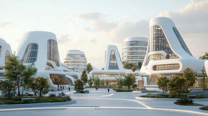 Futuristic ai-enhanced university campus design modern city architectural visualization open environment aerial view innovative education concepts