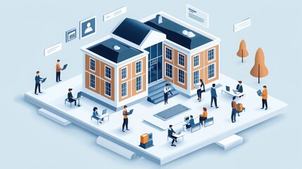 Obraz premium Futuristic campus activities modern educational environment digital artwork collaborative spaces aerial viewpoint innovation and learning concept