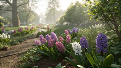 Obraz premium Hyacinths blooming in a garden bed surrounded by green foliage, garden beds, flower placement, greenery, floral arrangements