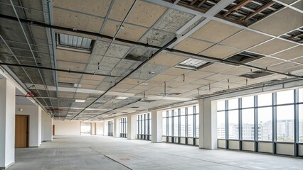 Obraz premium Industrial-style ceiling tiles in an open-plan office, modern furniture, industrial office decor, , exposed ductwork, open plan layout