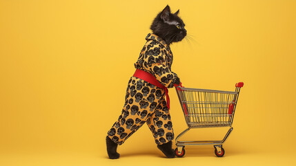 A side view of an anthropomorphic black cat wearing a fashionable outfit, pushing a shopping cart against a vibrant yellow background. The image conveys a whimsical and humorous vibe.