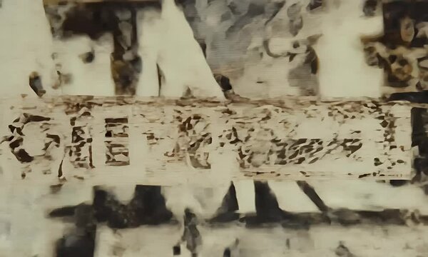 A visually dynamic artwork featuring abstract text and layered textures, creating an intriguing artistic representation.