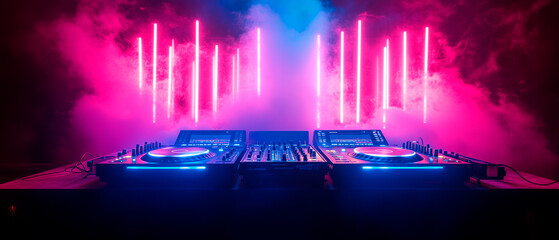 DJ turntables with smoke and neon light