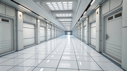 Fototapeta premium Long corridor floor made of bright white tiles, Narrow entrance, Long corridor