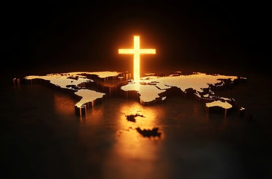 Glowing Cross and 3D World Map Symbolizing Faith, Mission, and Evangelism