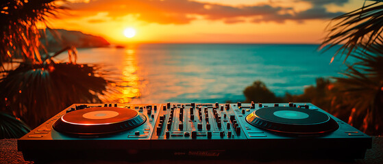 Dj turntable at the beach with sunset in the background