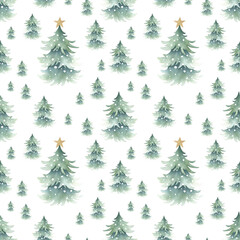 Christmas trees snow-covered with festive golden star decoration on top, forest winter landscape. Hand drawn watercolor isolated seamless pattern for New Year festive packaging paper, textile, fabric.