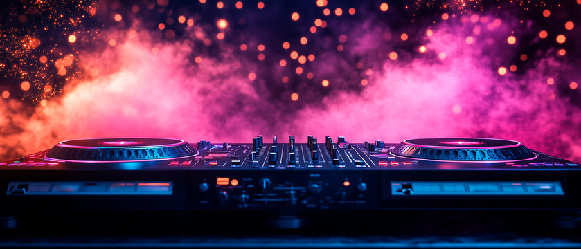 DJ turntables with smoke and neon light