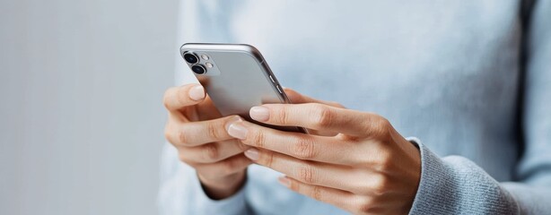 Fototapeta premium Closeup of male hands holding smartphone texting on mobile device over grey background
