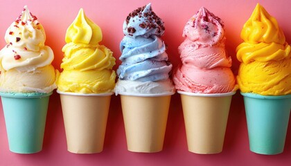 Five ice cream cones with different flavors. A photo of colorful ice cream cones perfect for a summer treat or dessert advertisement.