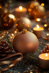 Golden christmas background with bauble and candles
