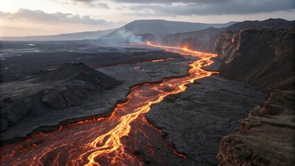 Fototapeta premium Magma flows through a fissure in the ground, geology, earth's interior, lava