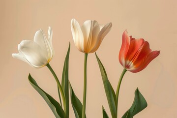 Delicate tulips in soft pastel colors, showcasing white, cream, and vibrant red petals against a warm beige background, symbolizing beauty and elegance.