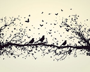 Obraz premium Silhouettes of birds and butterflies on a branch. Great for nature and tranquility themes, illustrating peaceful coexistence in nature.