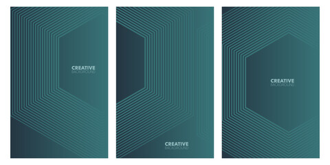 Three teal-colored panels with hexagonal shapes and subtle lines.