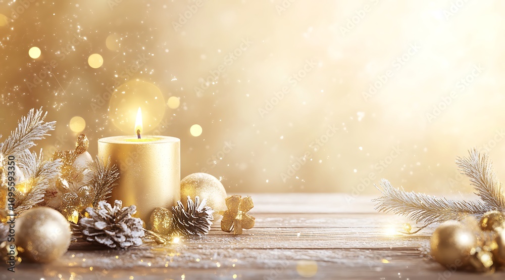 Wall mural Christmas background with a golden candle and decorations on a wooden table. Golden bokeh lights, with space for text or design. Christmas card template