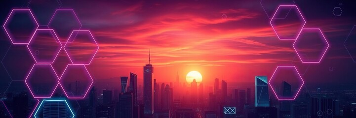 Obraz premium Neon hexagon background with futuristic cityscape at sunset, sunset, futuristic architecture